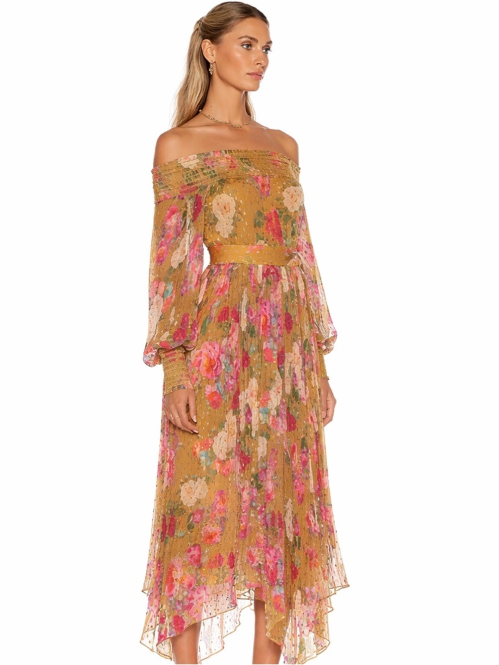 $569 Retail🔥Rococo Sand Avar Off Shoulder Asymmetrical Dress